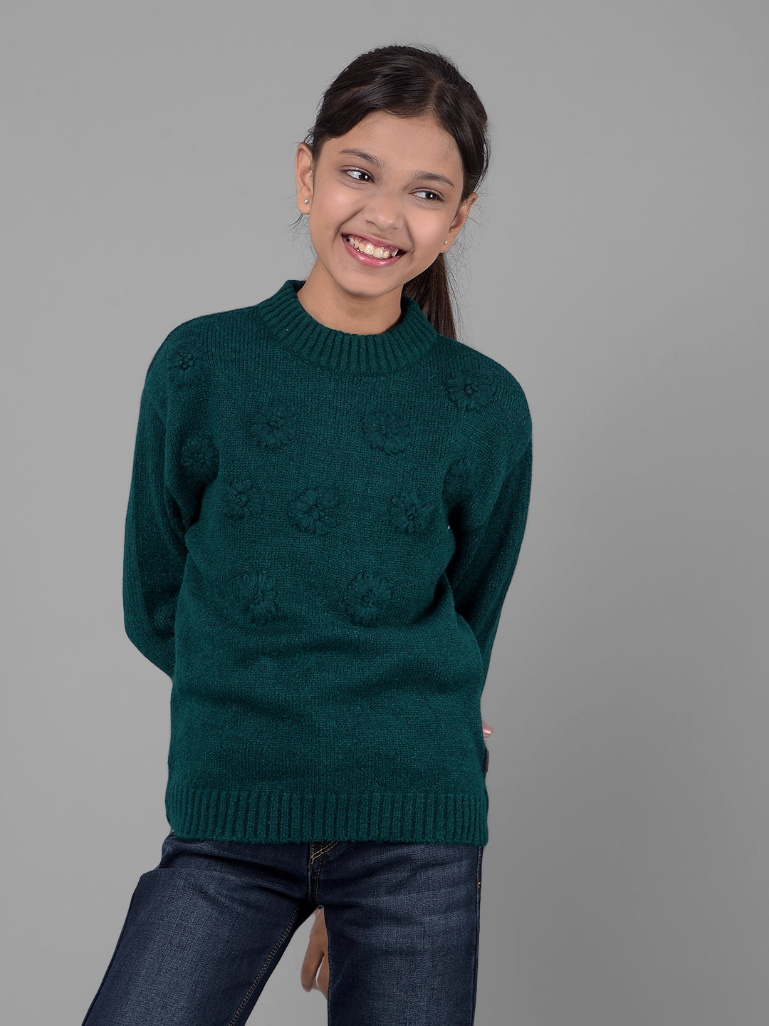 Green Printed Sweater-Girls Sweaters-Crimsoune Club