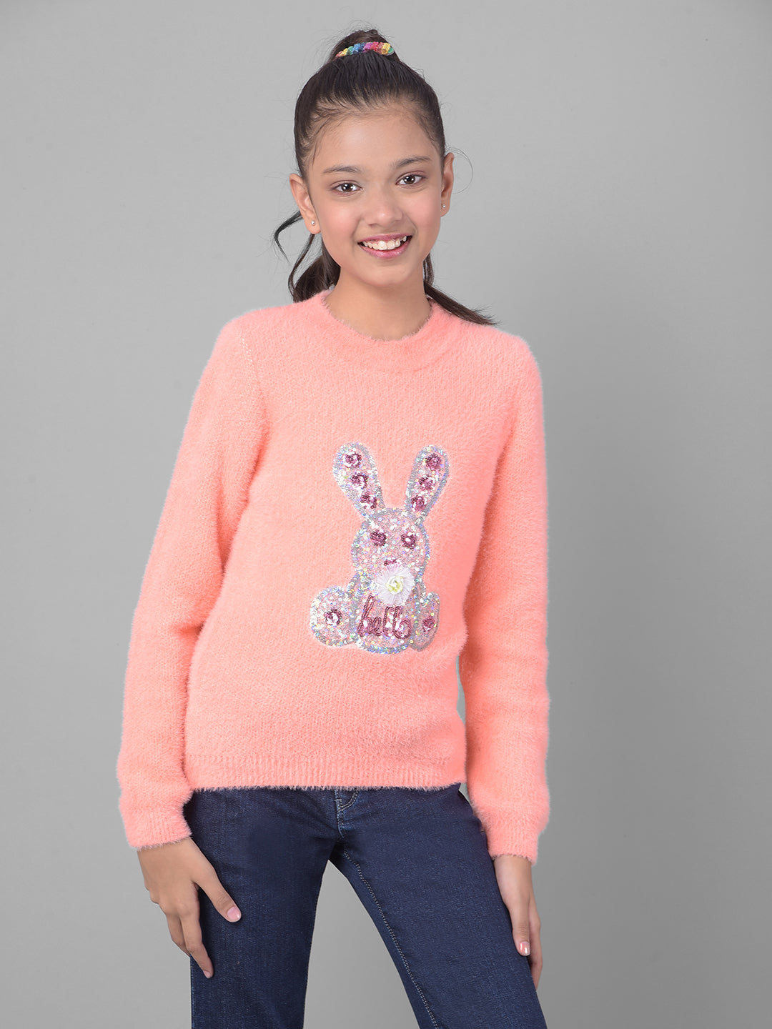 Peach Printed Sweater-Girls Sweaters-Crimsoune Club