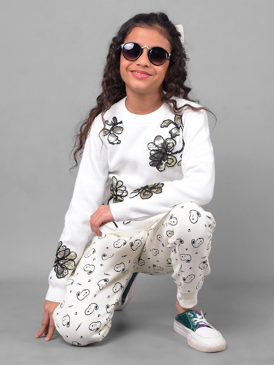 Off White Printed Floral Sweater-Girls Sweaters-Crimsoune Club