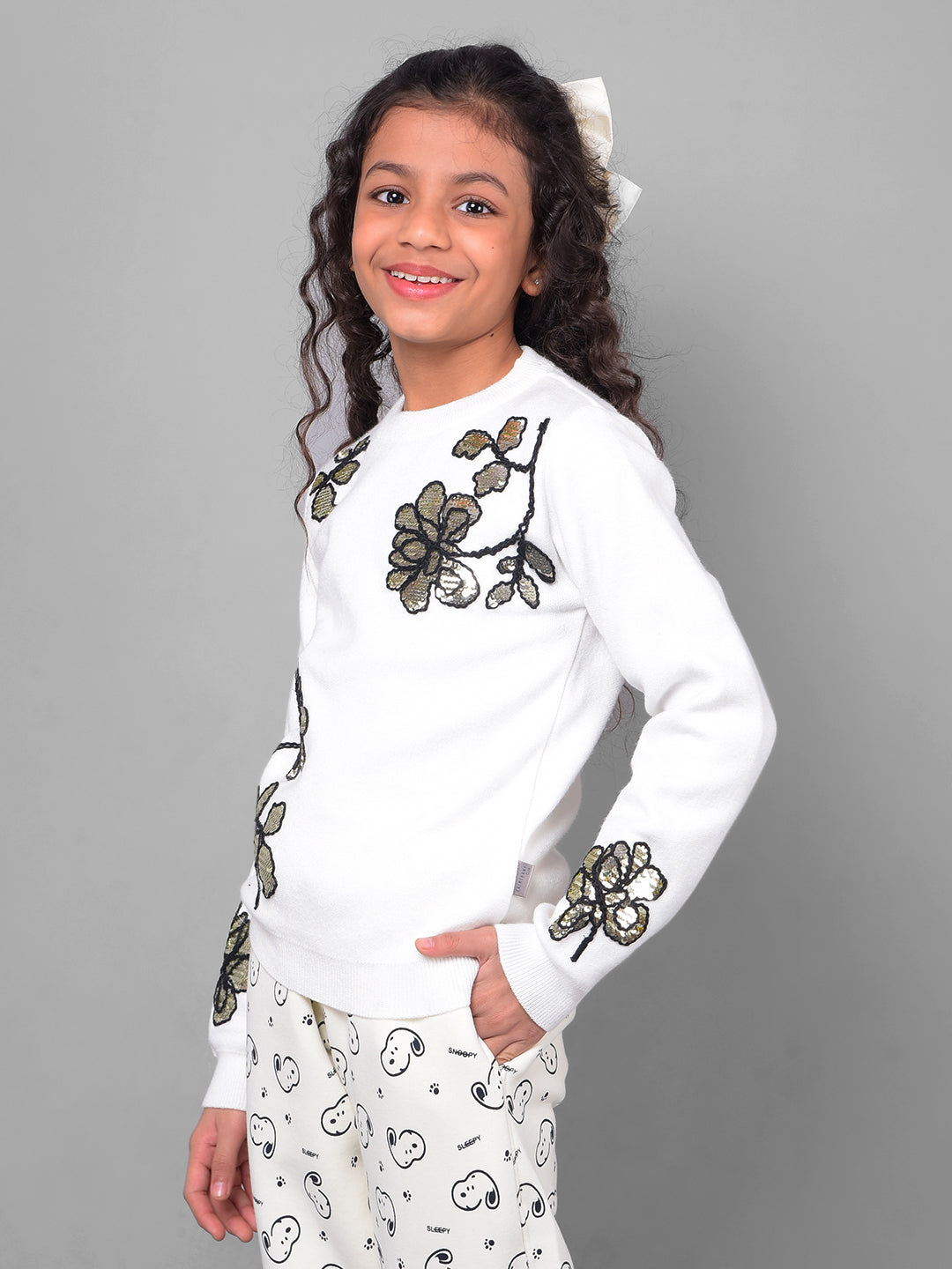 Off White Printed Floral Sweater-Girls Sweaters-Crimsoune Club