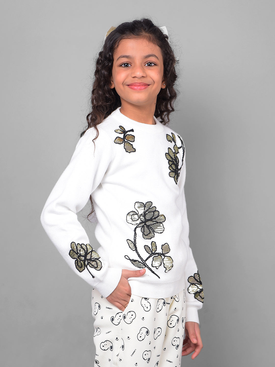 Off White Printed Floral Sweater-Girls Sweaters-Crimsoune Club