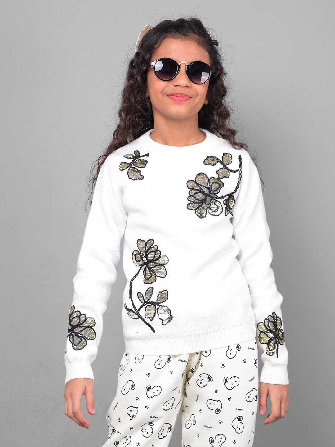 Off White Printed Floral Sweater-Girls Sweaters-Crimsoune Club