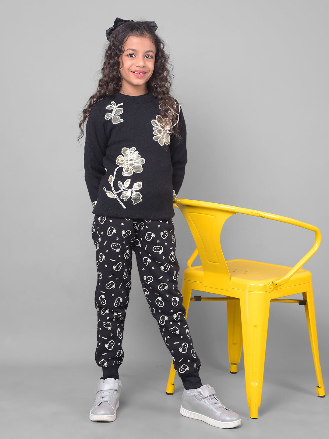 Black Printed Floral Sweater-Girls Sweaters-Crimsoune Club