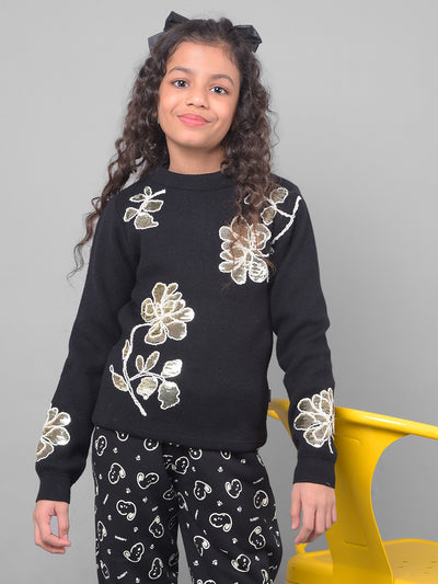 Black Printed Floral Sweater-Girls Sweaters-Crimsoune Club