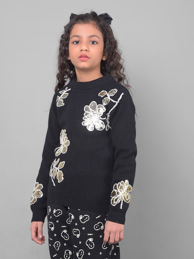 Black Printed Floral Sweater-Girls Sweaters-Crimsoune Club