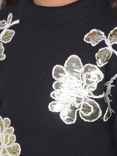 Black Printed Floral Sweater-Girls Sweaters-Crimsoune Club