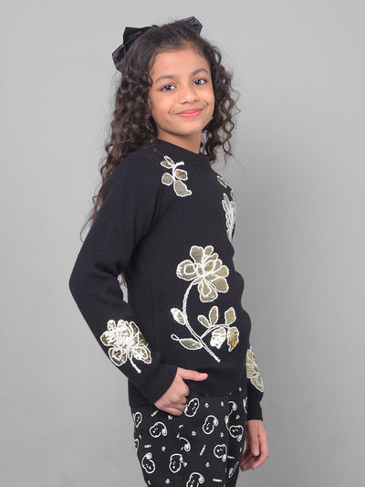 Black Printed Floral Sweater-Girls Sweaters-Crimsoune Club