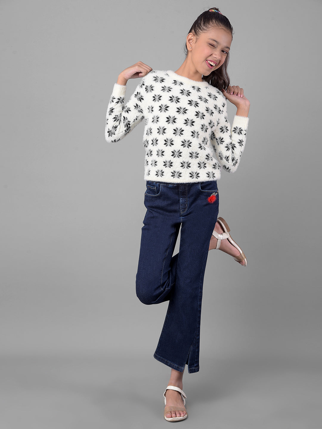 White Printed Sweater-Girls Sweaters-Crimsoune Club