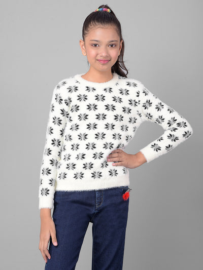 White Printed Sweater-Girls Sweaters-Crimsoune Club