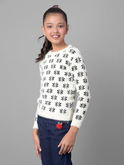 White Printed Sweater-Girls Sweaters-Crimsoune Club