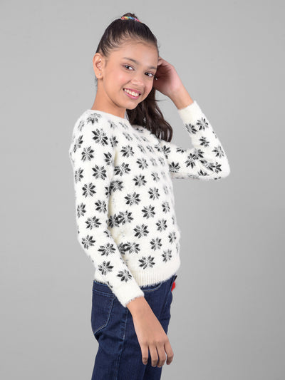 White Printed Sweater-Girls Sweaters-Crimsoune Club