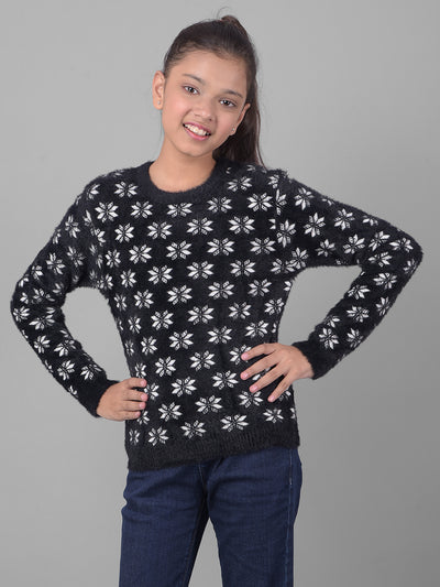 Black Printed Sweater-Girls Sweaters-Crimsoune Club