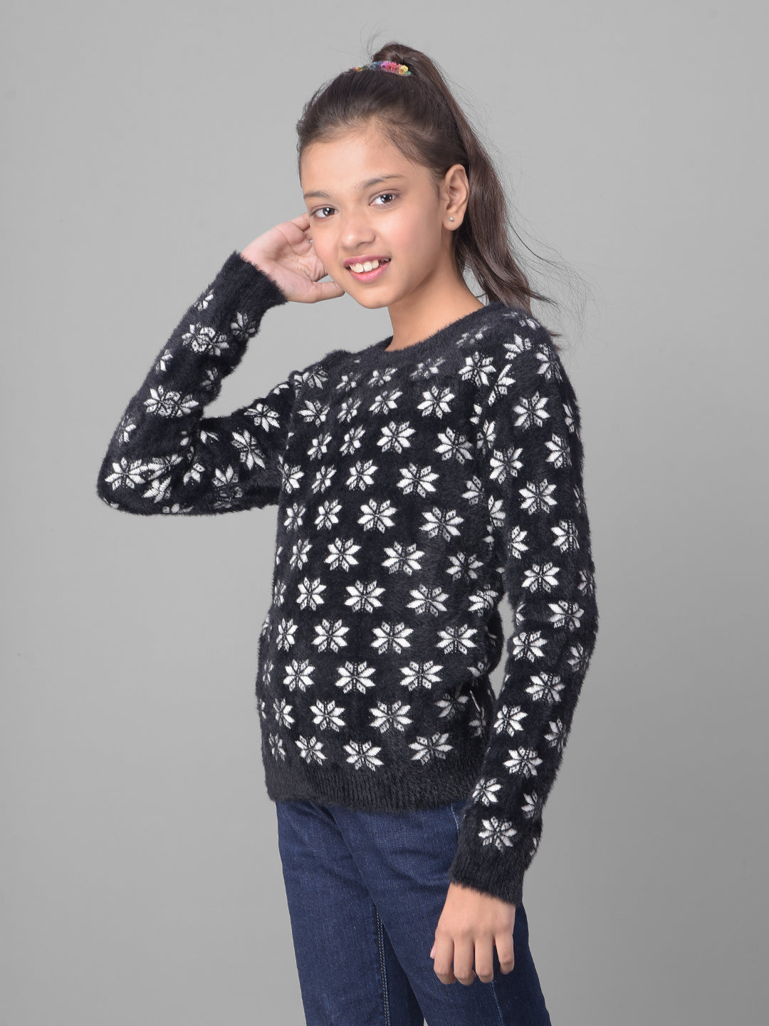 Black Printed Sweater-Girls Sweaters-Crimsoune Club