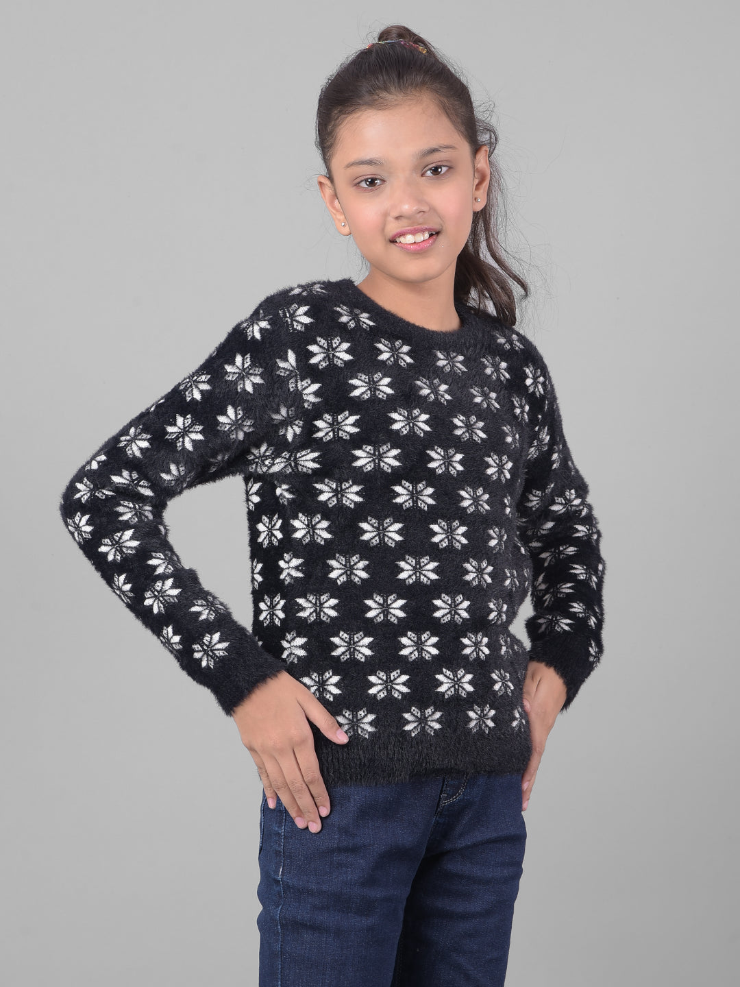 Black Printed Sweater-Girls Sweaters-Crimsoune Club