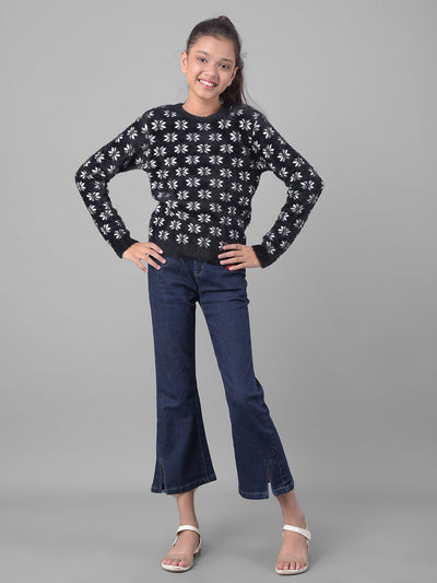 Black Printed Sweater-Girls Sweaters-Crimsoune Club