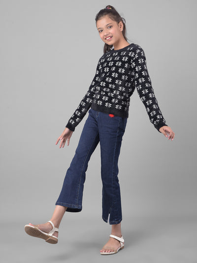 Black Printed Sweater-Girls Sweaters-Crimsoune Club