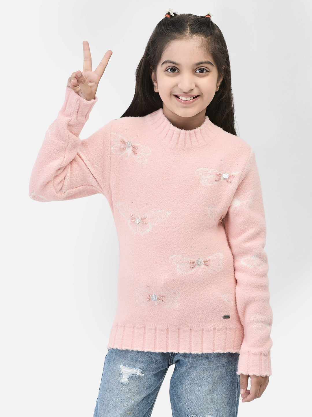 Peach Printed Sweater-Girls Sweaters-Crimsoune Club