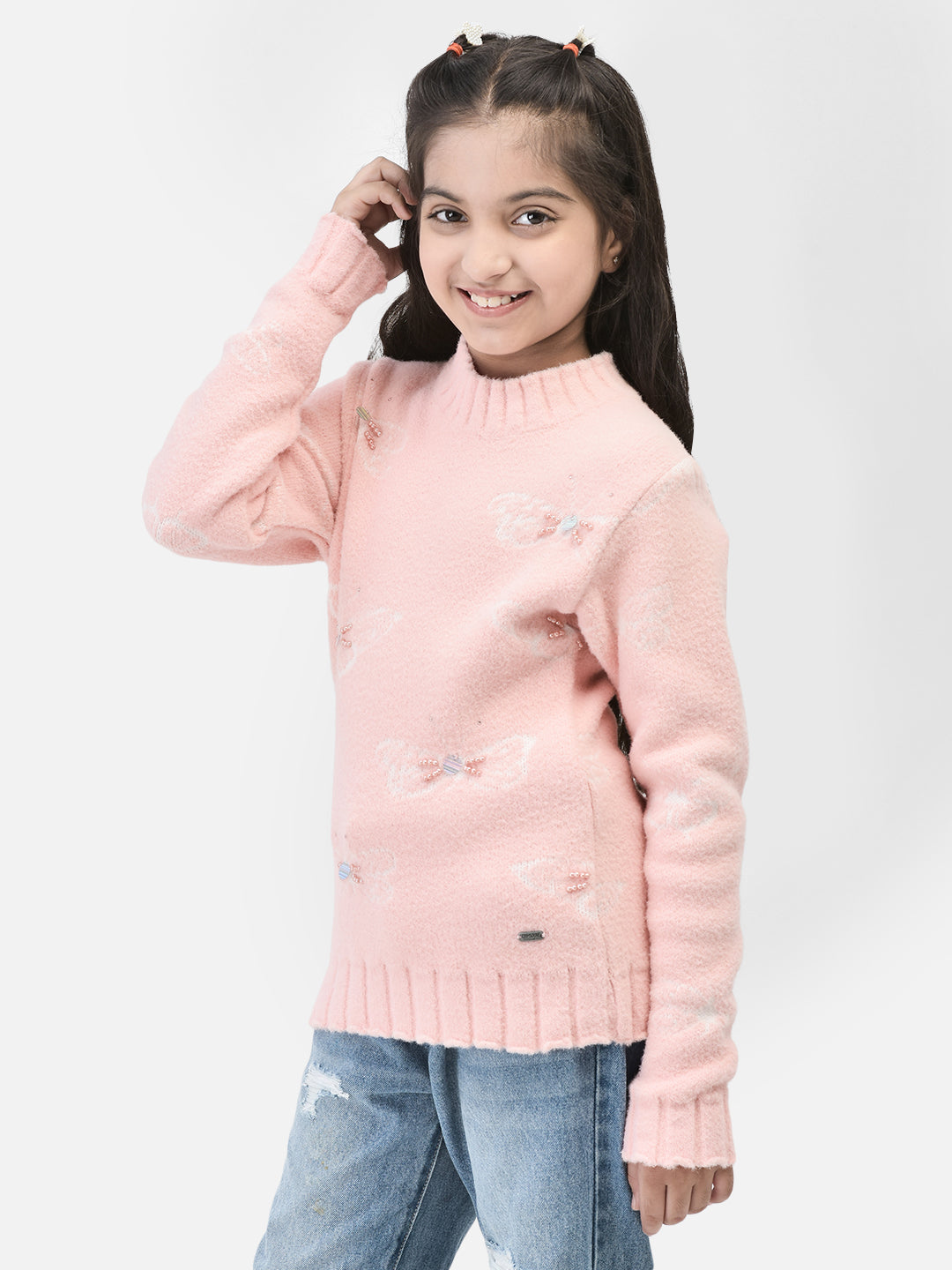 Peach Printed Sweater-Girls Sweaters-Crimsoune Club