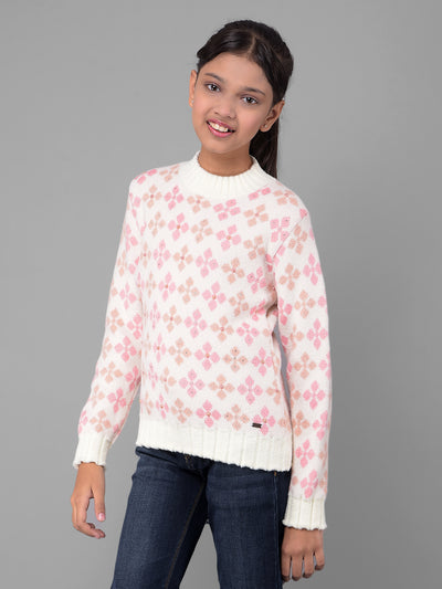 Off White Printed Sweater-Girls Sweaters-Crimsoune Club