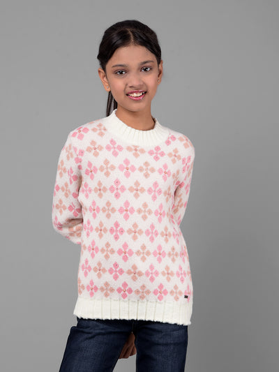 Off White Printed Sweater-Girls Sweaters-Crimsoune Club