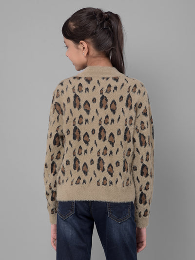 Brown Printed Sweater-Girls Sweaters-Crimsoune Club