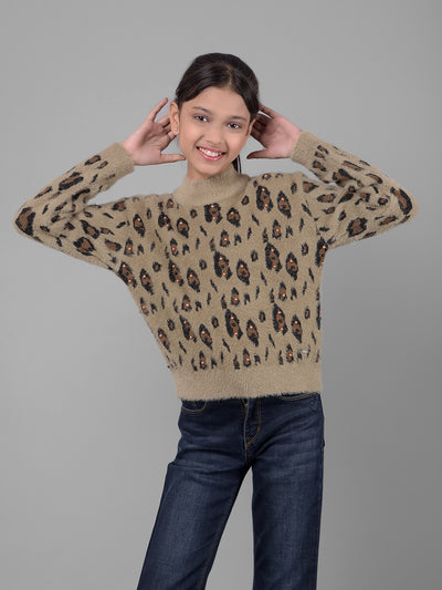 Brown Printed Sweater-Girls Sweaters-Crimsoune Club