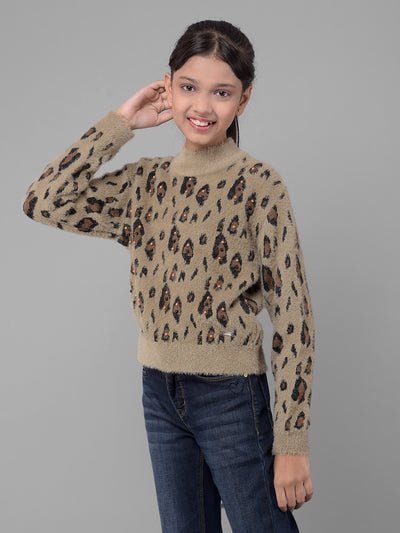 Brown Printed Sweater-Girls Sweaters-Crimsoune Club