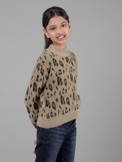 Brown Printed Sweater-Girls Sweaters-Crimsoune Club