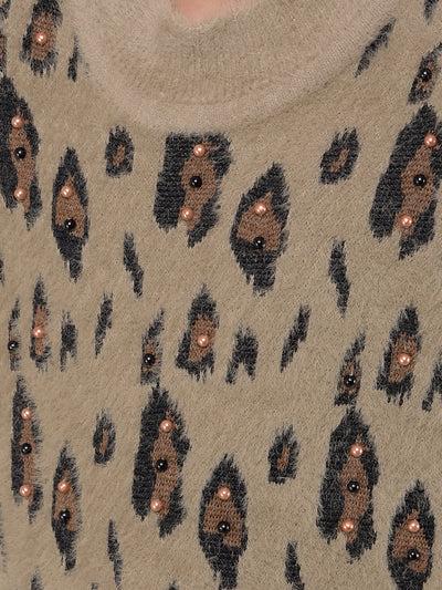 Brown Printed Sweater-Girls Sweaters-Crimsoune Club