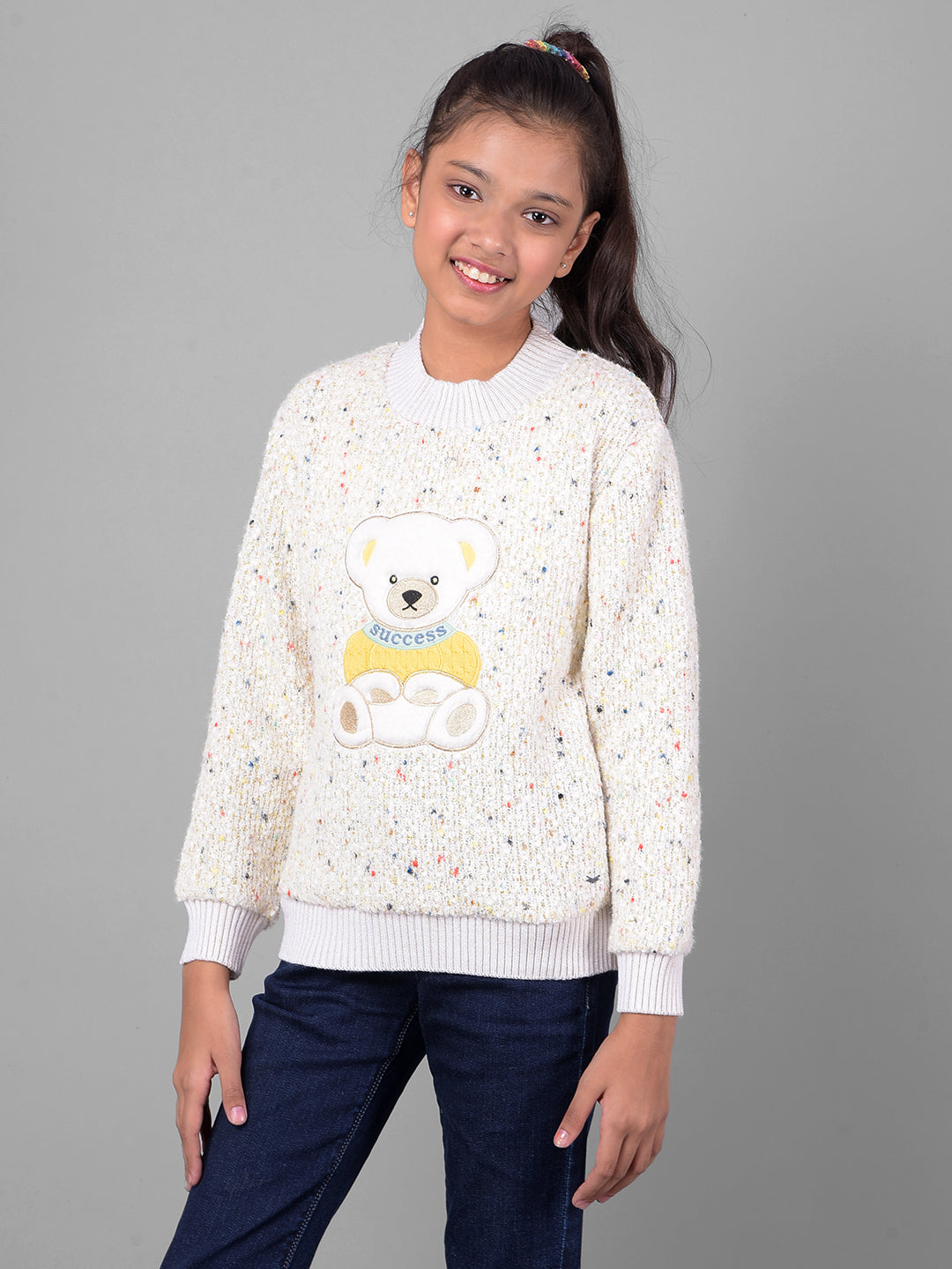 Off White Printed Sweater-Girls Sweaters-Crimsoune Club