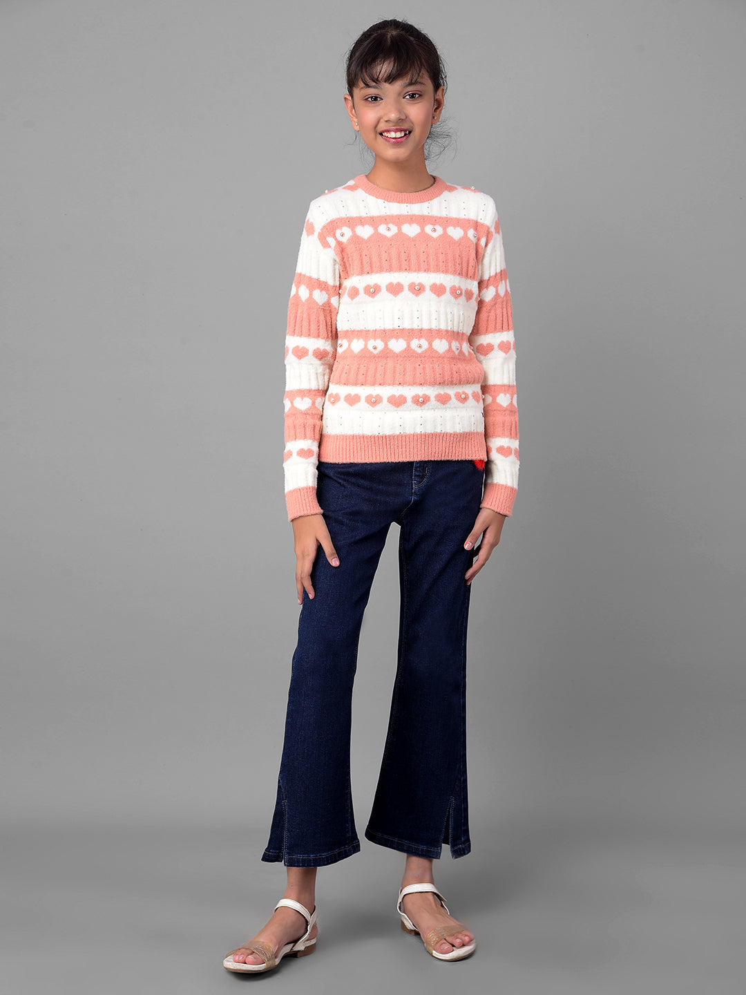 Peach Colorblocked Sweater-Girls Sweaters-Crimsoune Club