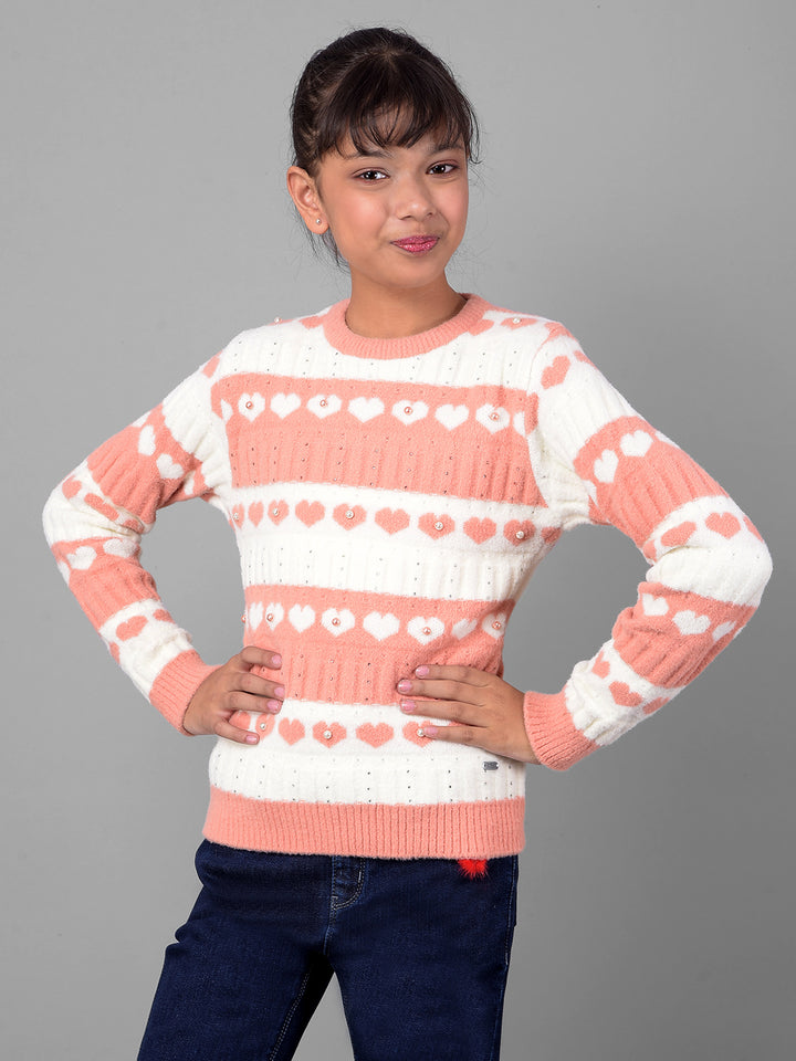 Peach Colorblocked Sweater-Girls Sweaters-Crimsoune Club
