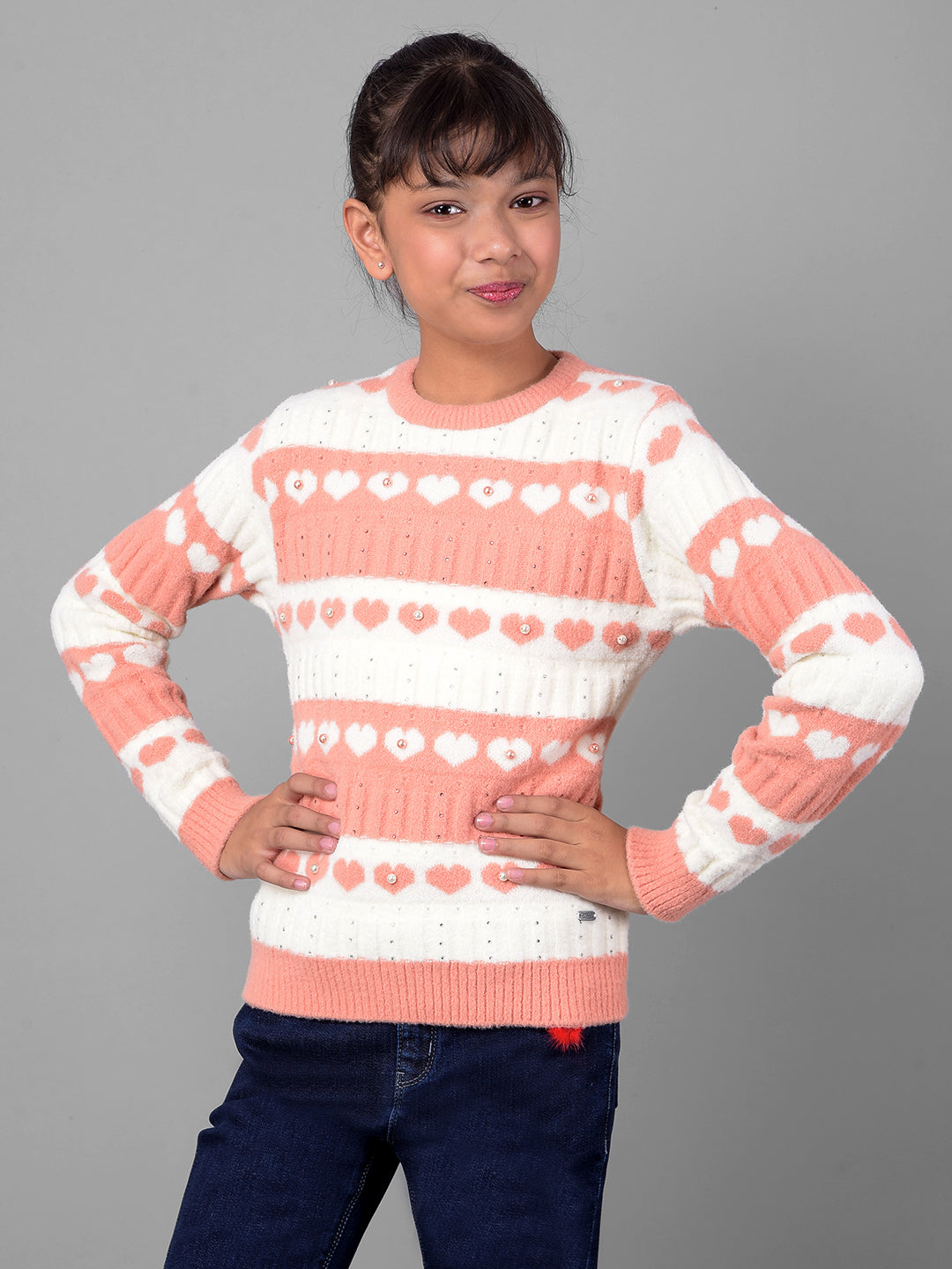 Peach Colorblocked Sweater-Girls Sweaters-Crimsoune Club