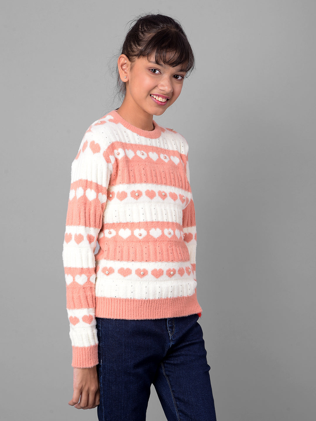 Peach Colorblocked Sweater-Girls Sweaters-Crimsoune Club