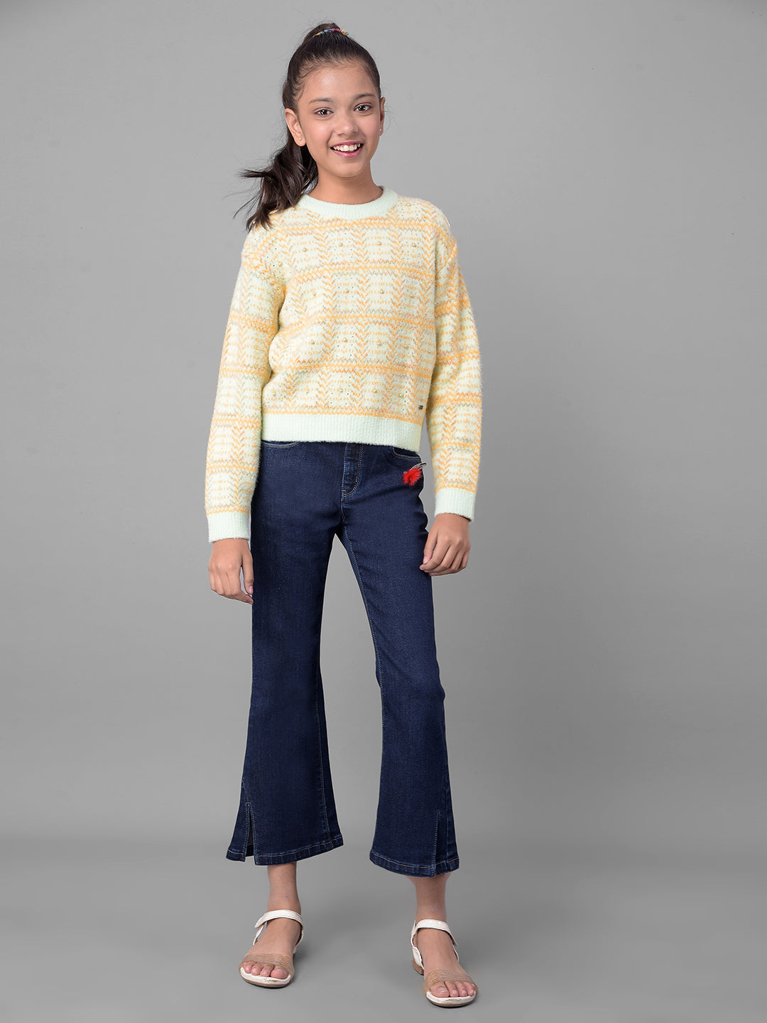 Beige Printed Sweater-Girls Sweaters-Crimsoune Club