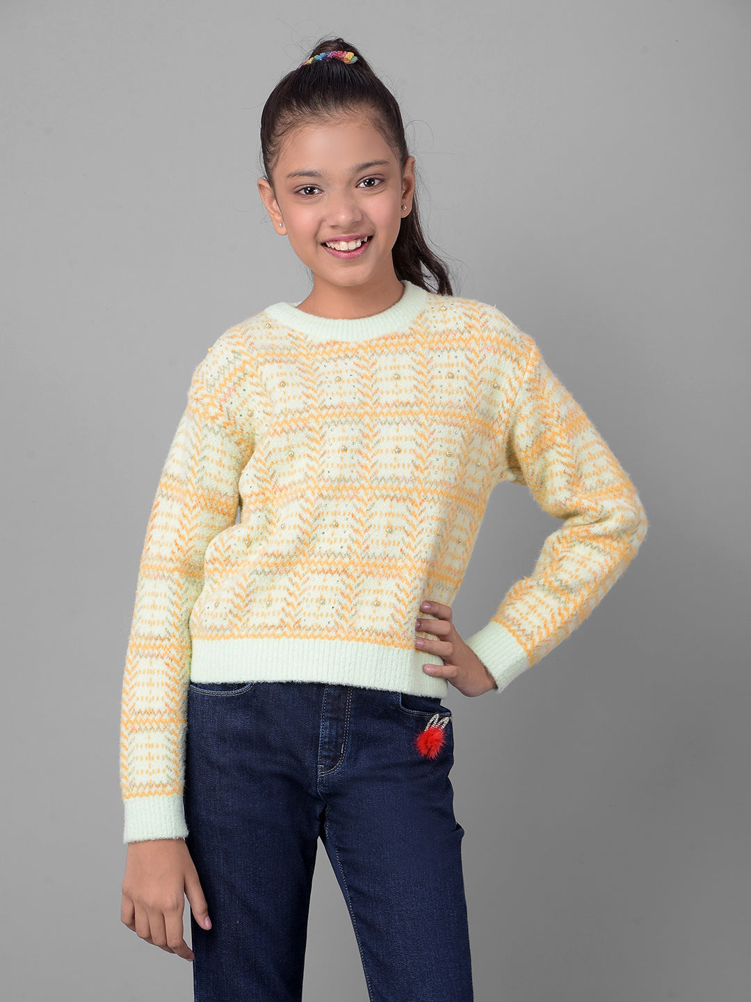 Beige Printed Sweater-Girls Sweaters-Crimsoune Club