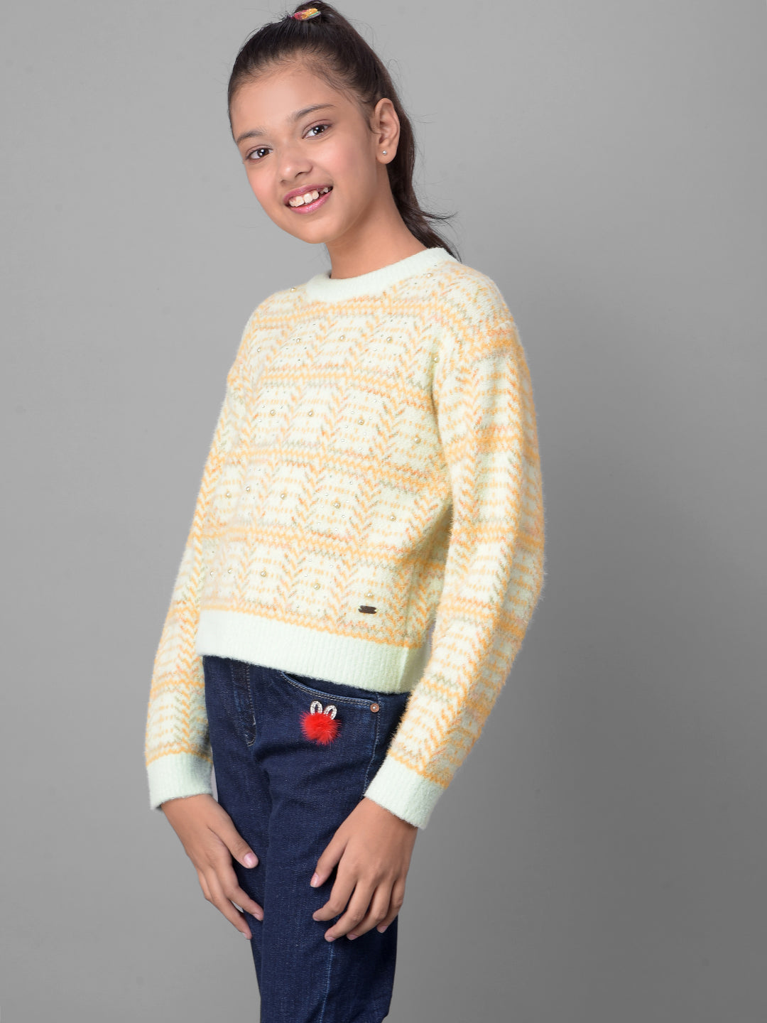 Beige Printed Sweater-Girls Sweaters-Crimsoune Club