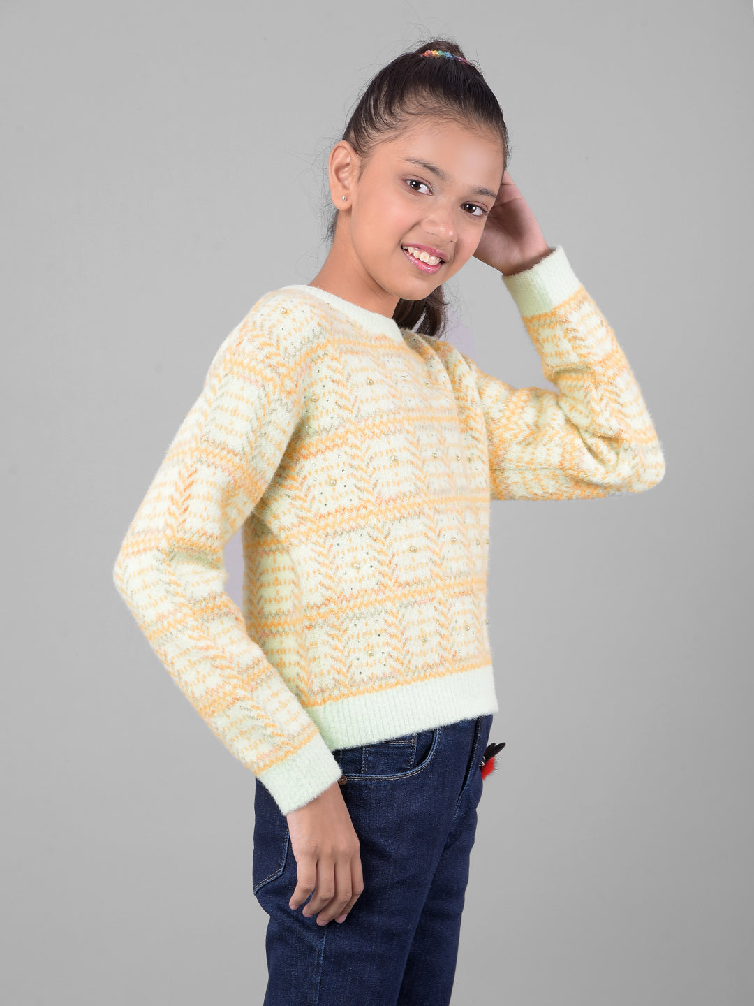 Beige Printed Sweater-Girls Sweaters-Crimsoune Club