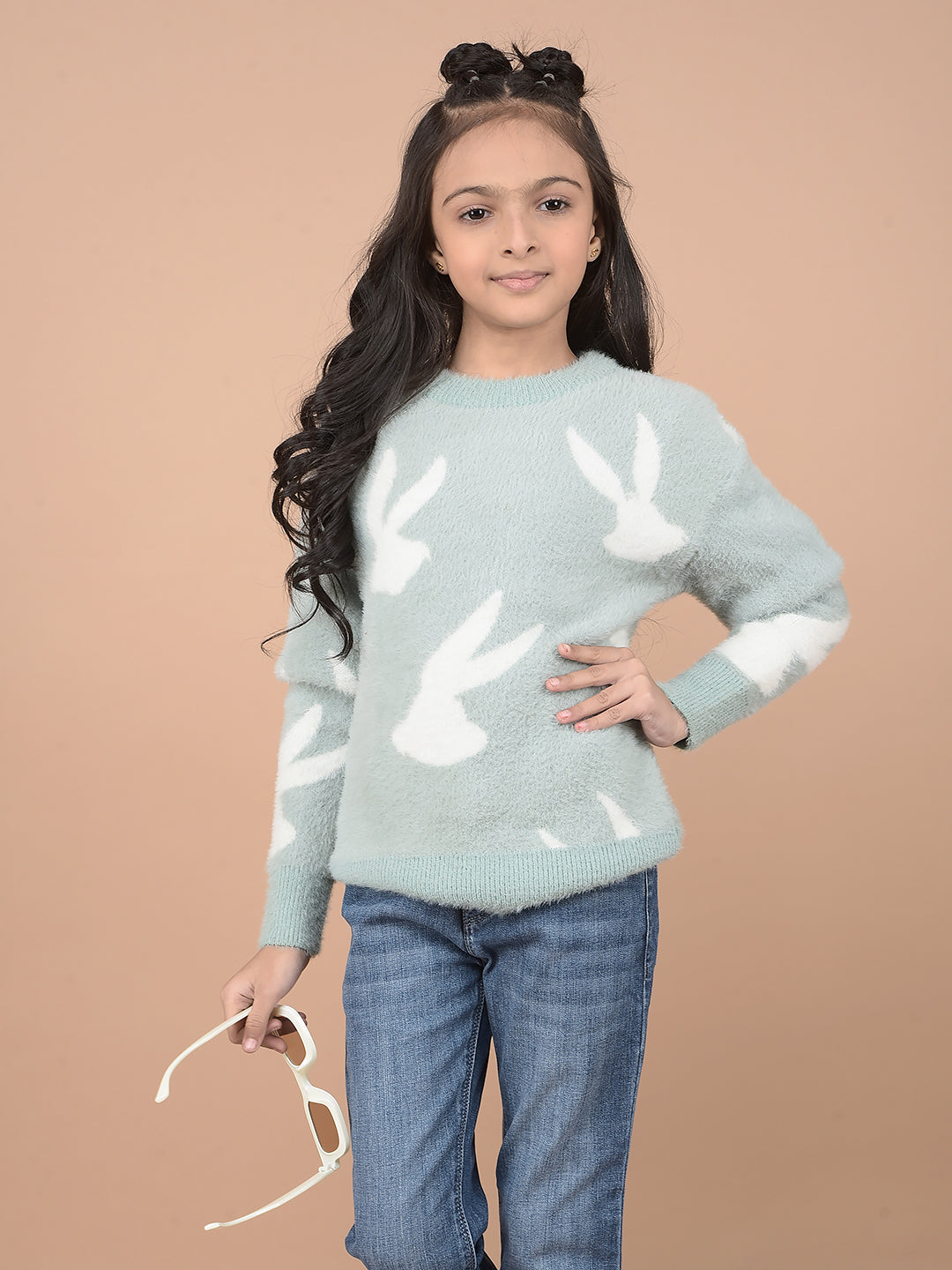 Green Jacquard 100% Nylon Sweater-Girls Sweaters-Crimsoune Club