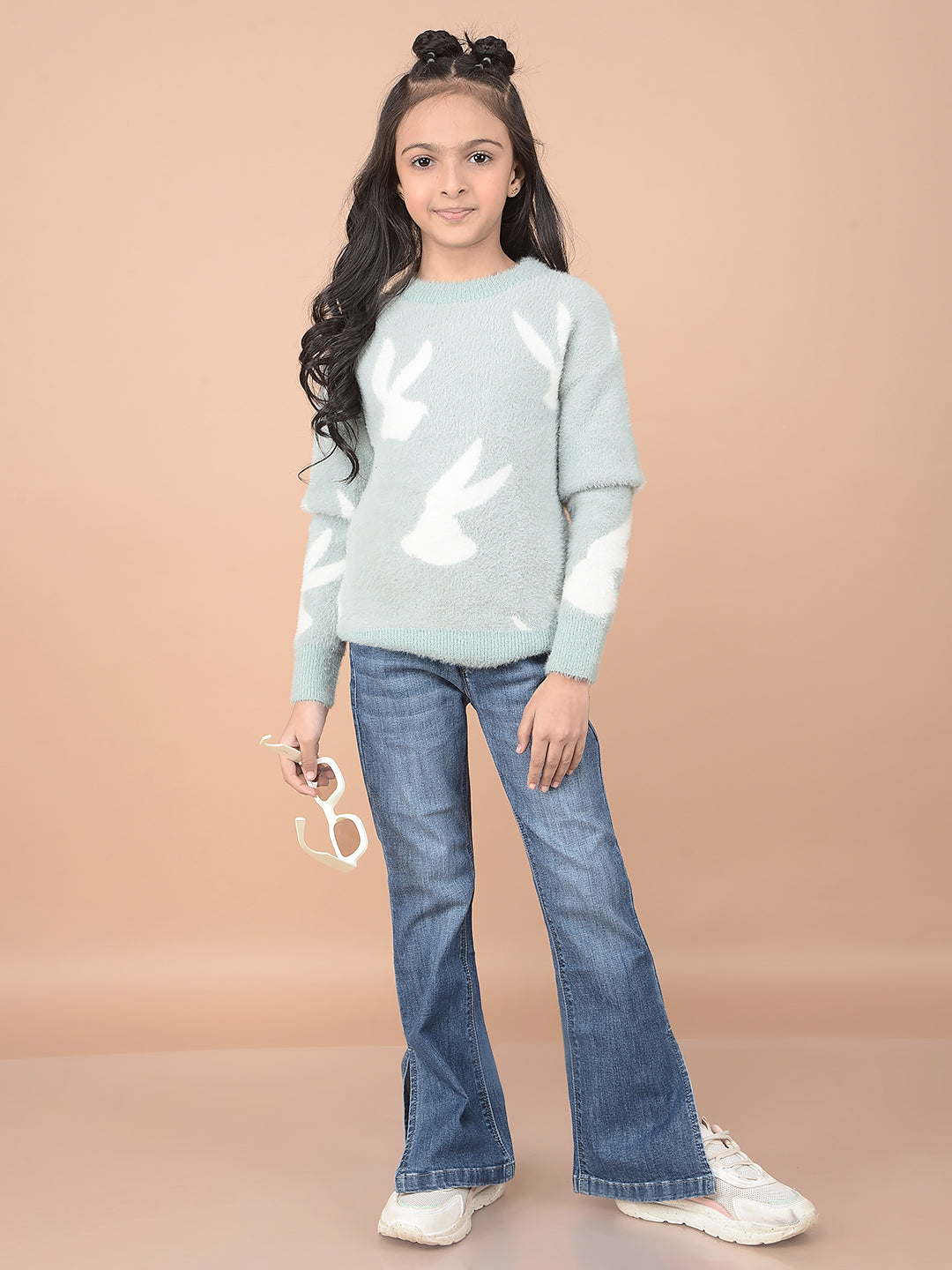 Green Jacquard 100% Nylon Sweater-Girls Sweaters-Crimsoune Club