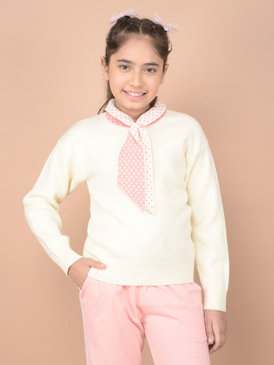 Cream 100% Cotton Tie-Up Neck Sweater-Girls Sweaters-Crimsoune Club