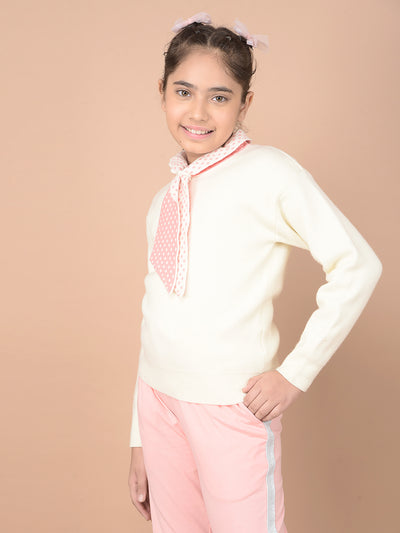 Cream 100% Cotton Tie-Up Neck Sweater-Girls Sweaters-Crimsoune Club