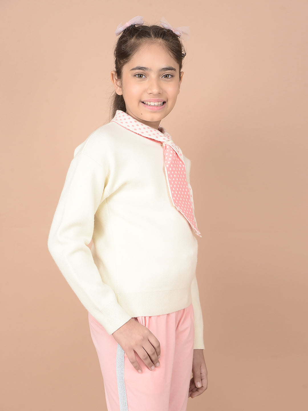 Cream 100% Cotton Tie-Up Neck Sweater-Girls Sweaters-Crimsoune Club