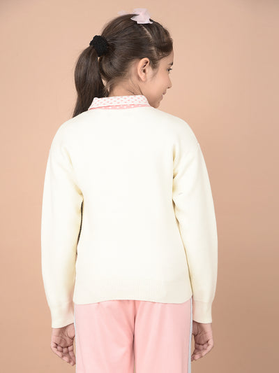 Cream 100% Cotton Tie-Up Neck Sweater-Girls Sweaters-Crimsoune Club