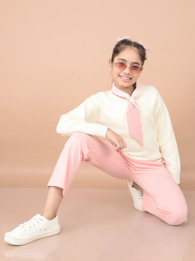 Cream 100% Cotton Tie-Up Neck Sweater-Girls Sweaters-Crimsoune Club