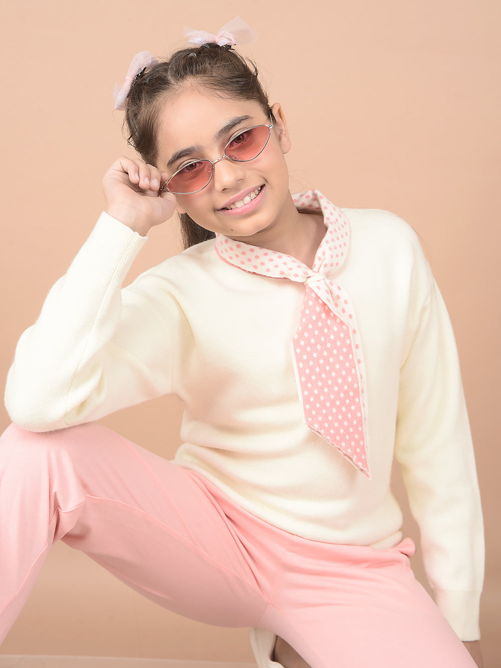 Cream 100% Cotton Tie-Up Neck Sweater-Girls Sweaters-Crimsoune Club