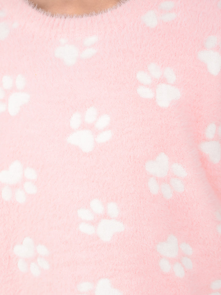 Pink Printed Acrylic Sweater-Girls Sweaters-Crimsoune Club