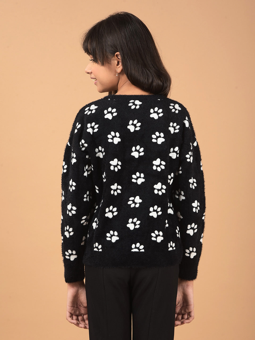 Black Printed Fur Sweater-Girls Sweaters-Crimsoune Club