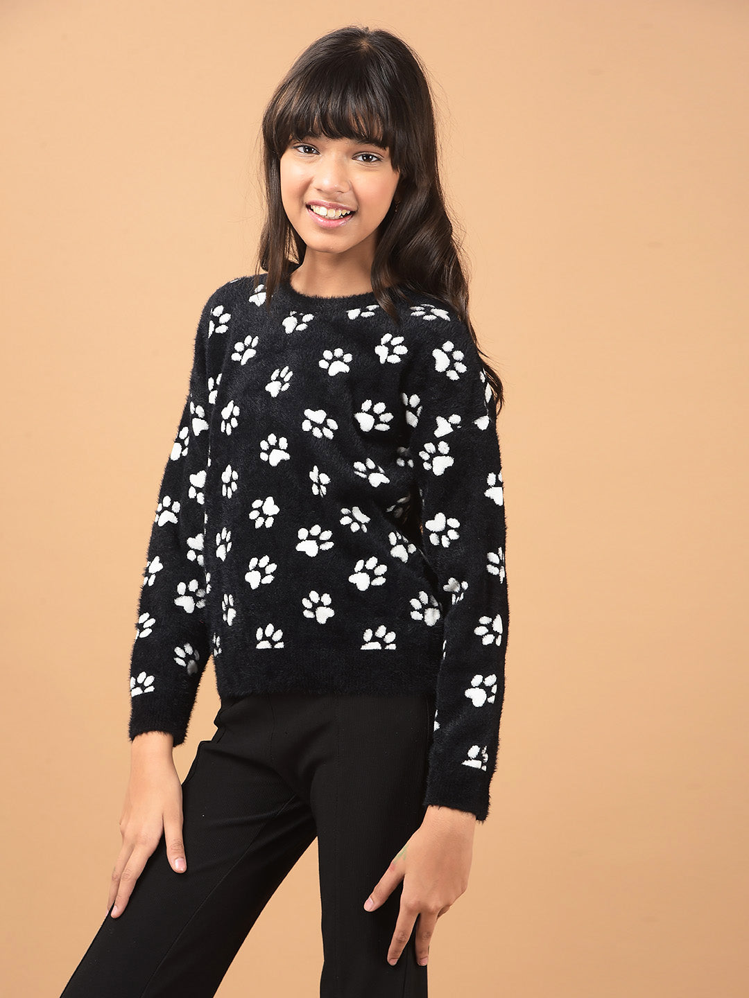 Black Printed Fur Sweater-Girls Sweaters-Crimsoune Club