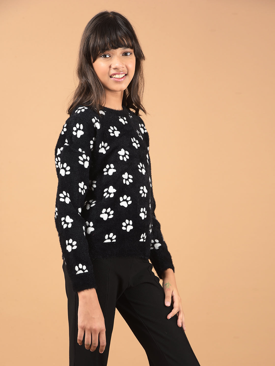 Black Printed Fur Sweater-Girls Sweaters-Crimsoune Club